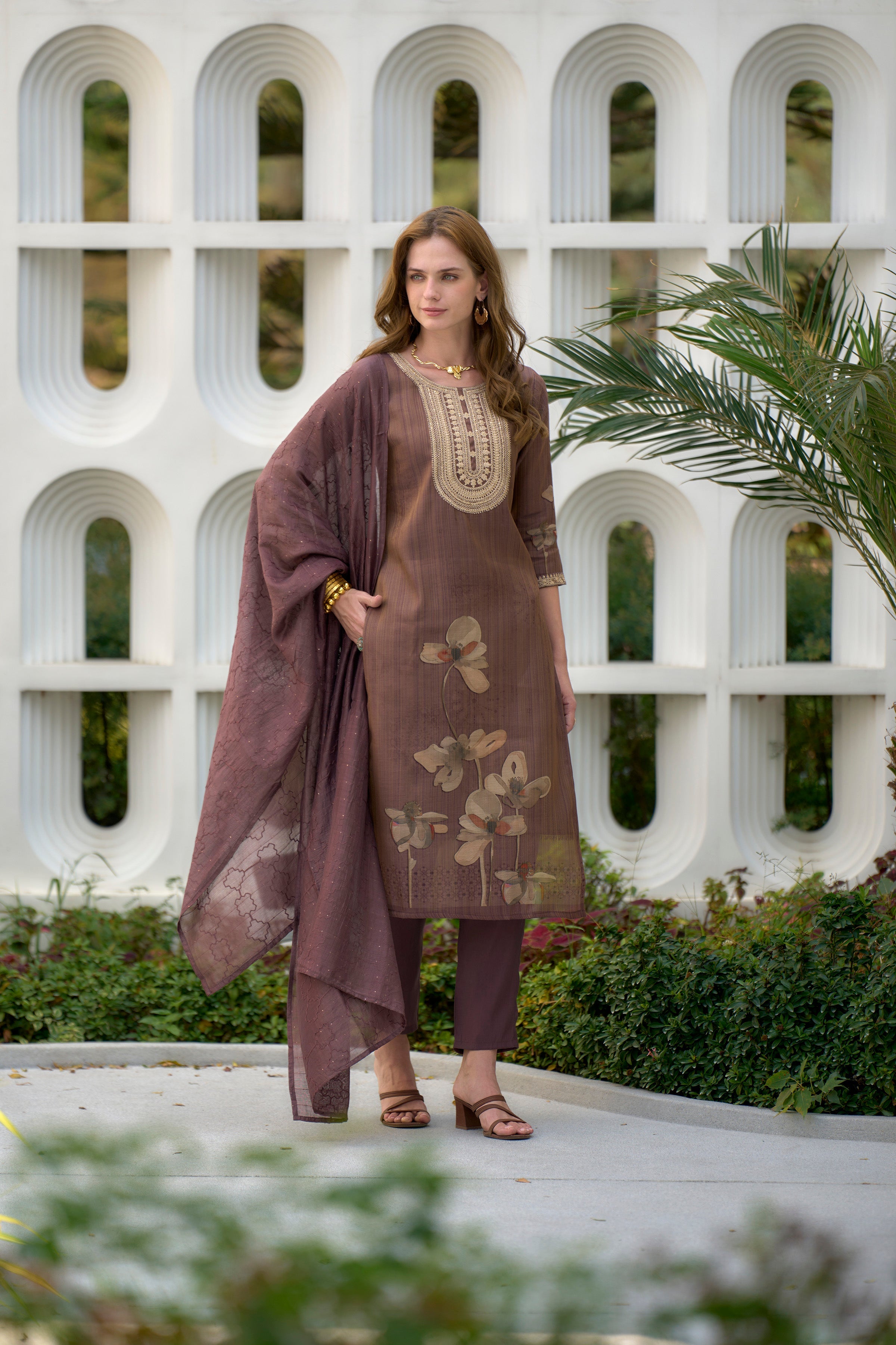 Brown Floral Tissue Kurti Set with 3/4 Sleeves and Viscose Pocket Pant with Dupatta
